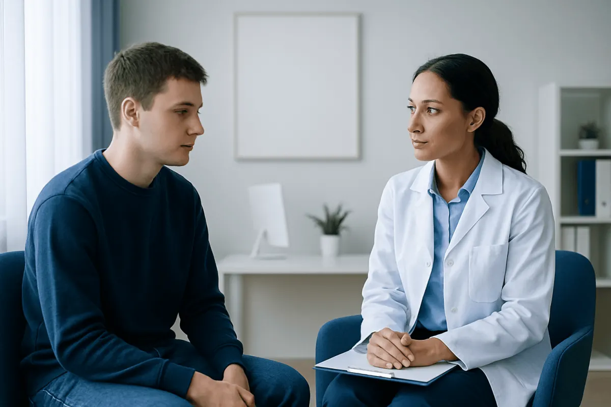 Doctor consulting with a young male patient in a medical office.