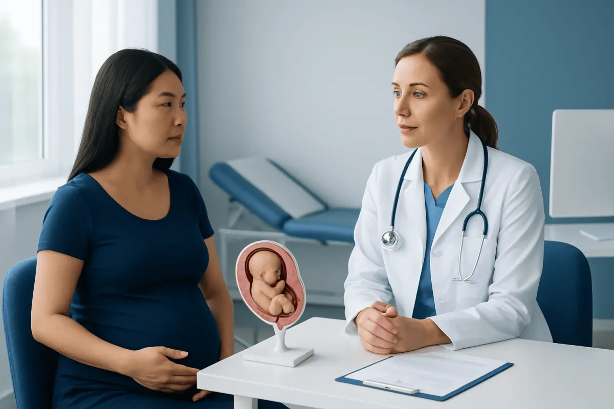 Doctor consulting pregnant woman with fetal development model in clinic.