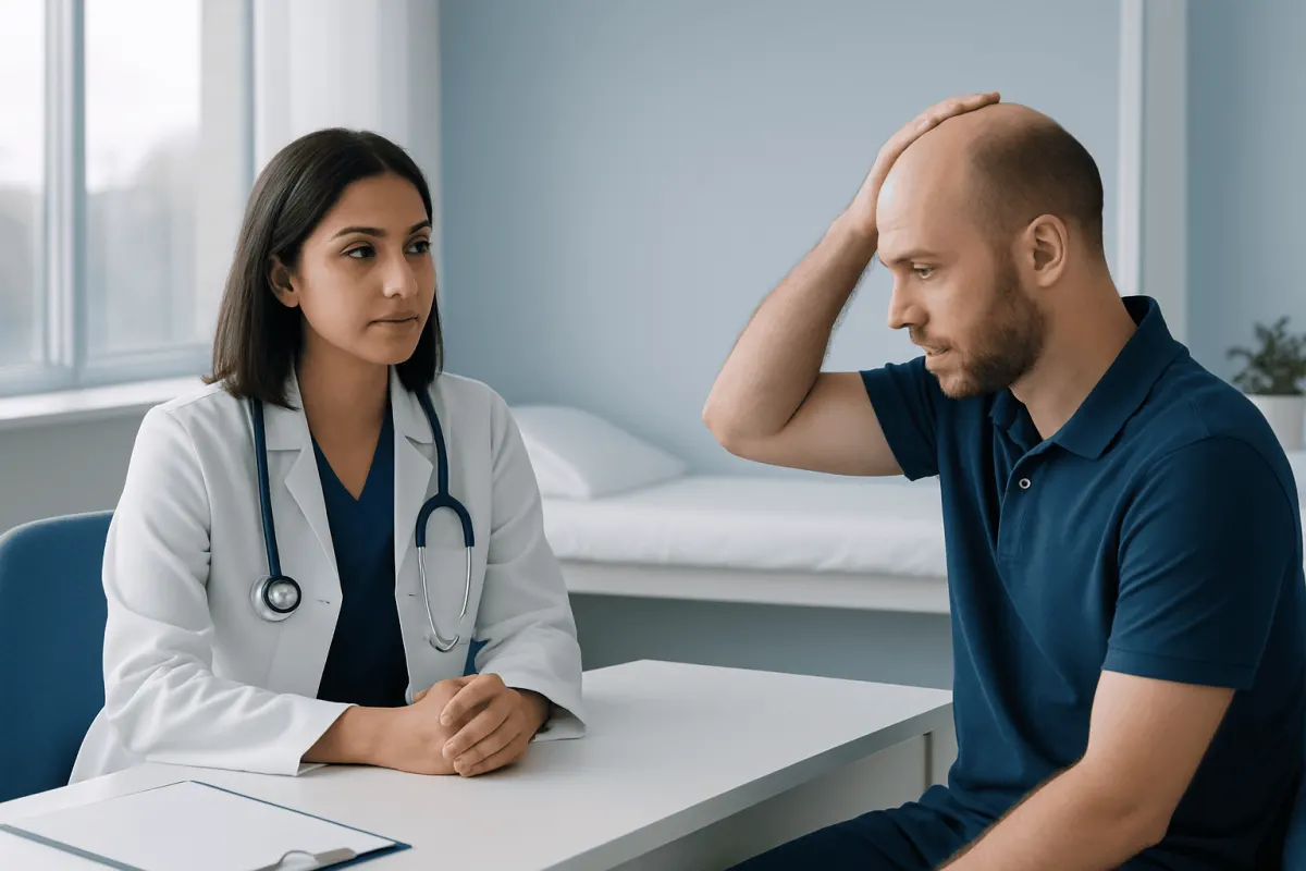 Doctor consulting with male patient about hair loss or scalp issues.