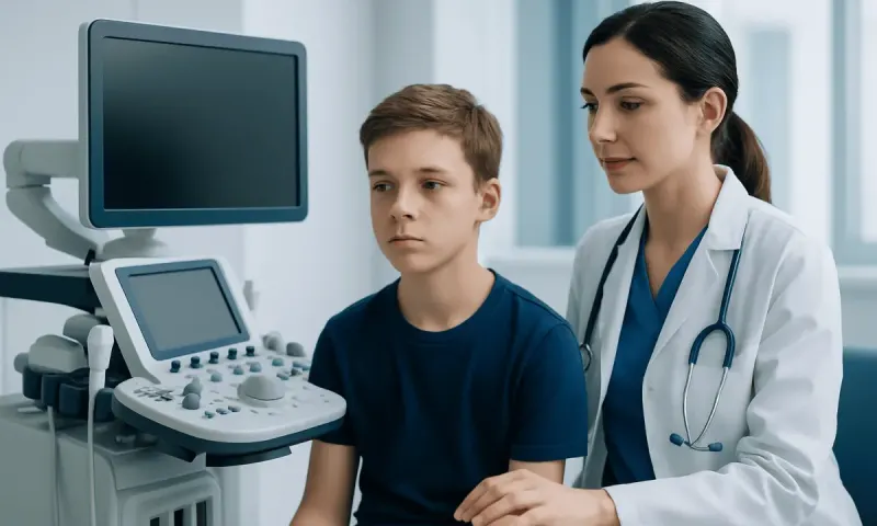 Pediatric doctor performing an ultrasound exam on a young boy in a hospital.