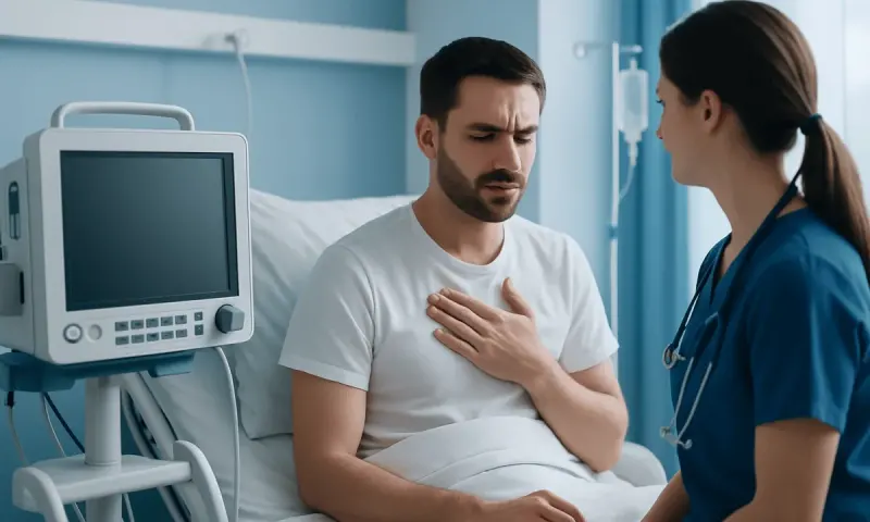 Patient in hospital bed speaking with nurse in medical setting.