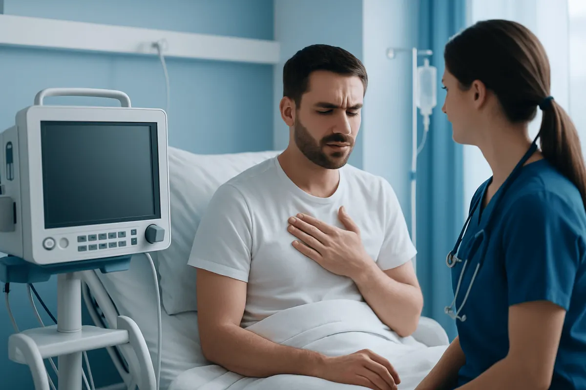 Patient in hospital bed speaking with nurse in medical setting.
