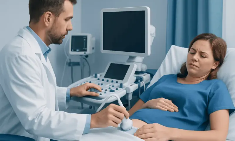 Doctor performing ultrasound on a pregnant woman in hospital.