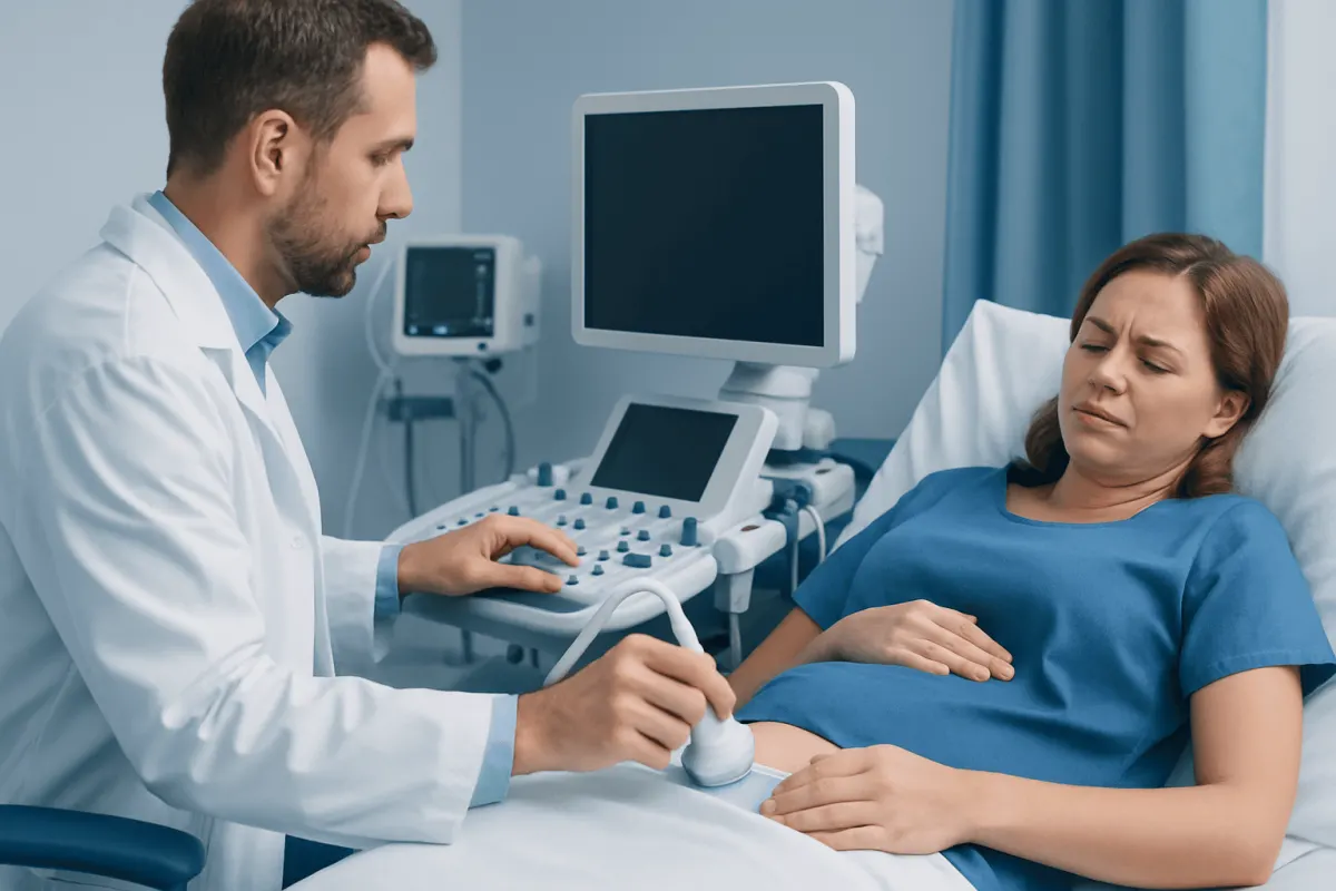 Doctor performing ultrasound on a pregnant woman in hospital.