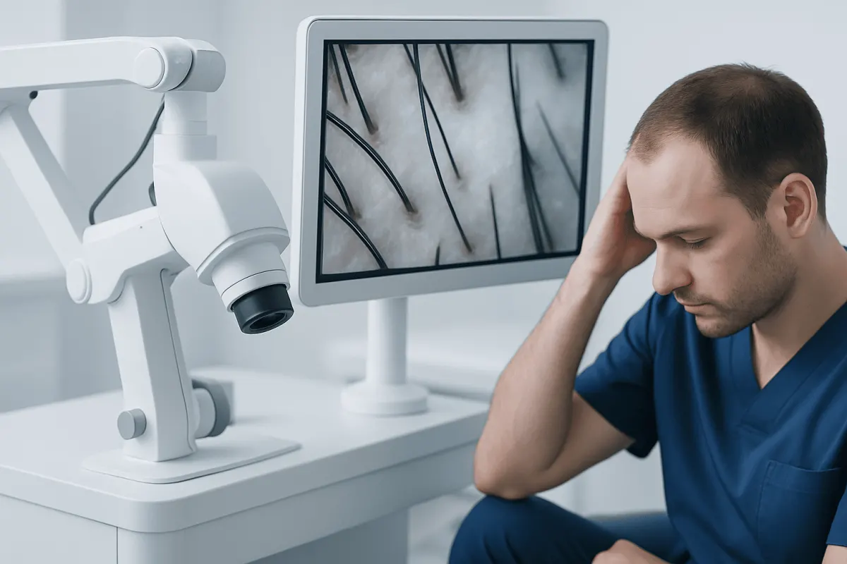 Doctor examining scalp using a microscope and monitor at a clinic.