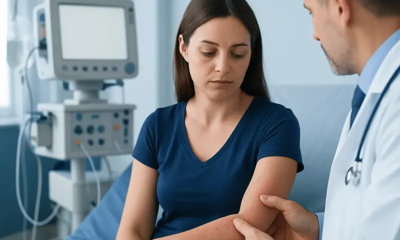 Doctor examining a woman's arm in a medical setting.
