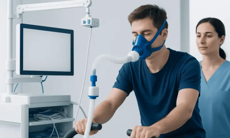 Patient undergoing respiratory test with mask in a clinical setting.