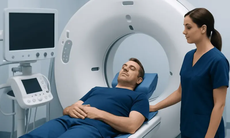 Patient undergoing a CT scan in a medical facility with healthcare professional present.