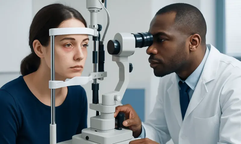 Ophthalmologist examining a patient's eye with a slit lamp.