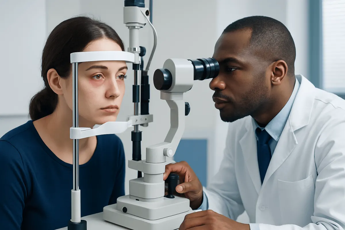 Ophthalmologist examining a patient's eye with a slit lamp.