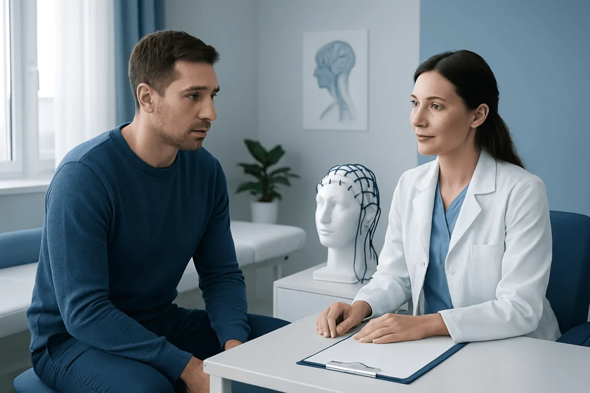 Neurophysiologist consulting with patient in a clinical setting.