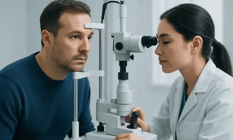 Optometrist examines patient's eye with slit lamp in clinic setting.