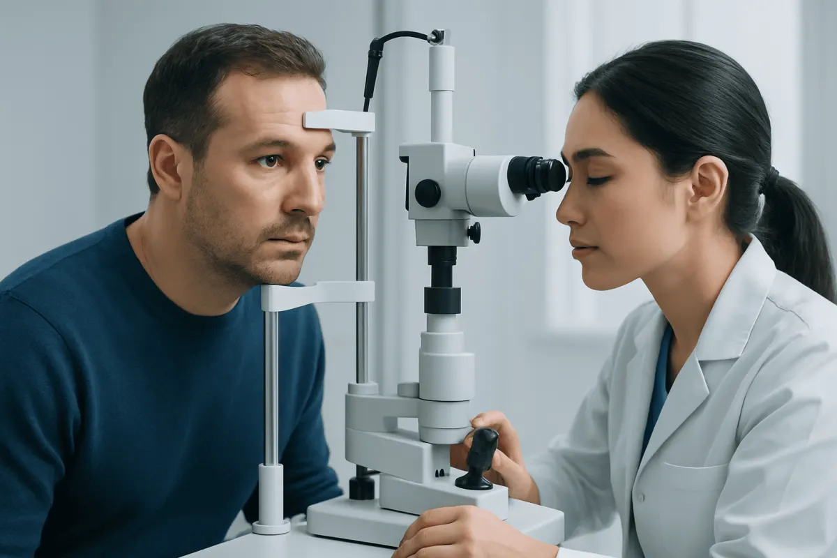 Optometrist examines patient's eye with slit lamp in clinic setting.