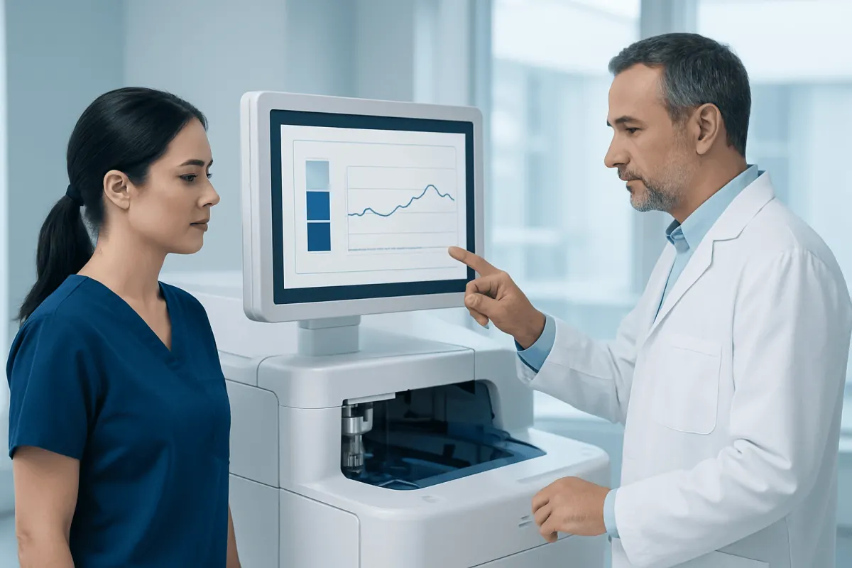 Doctor explaining blood test results to nurse in hospital.