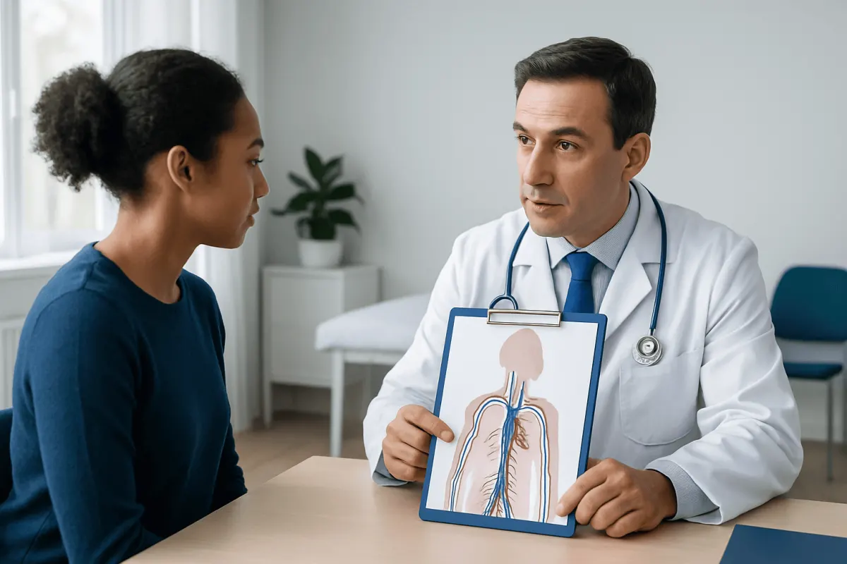 Doctor explaining venous anatomy to a patient with a diagram of the veins.