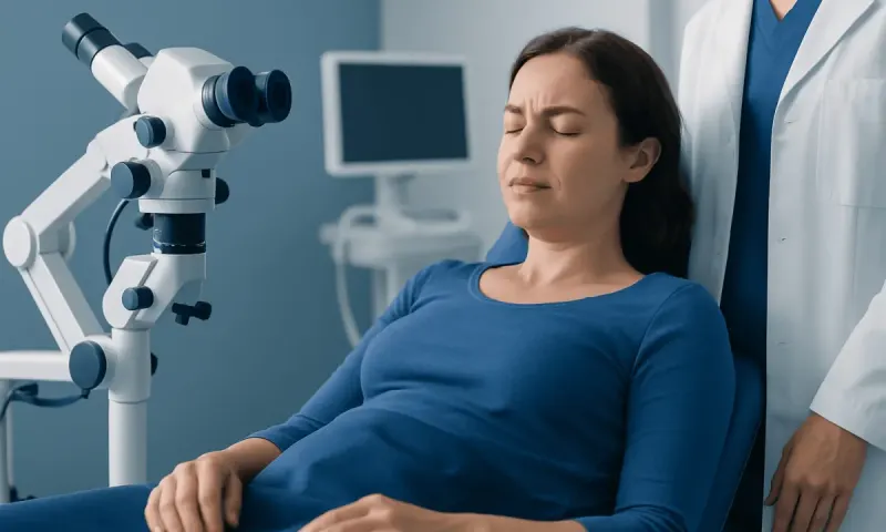 Woman at gynecological exam with medical equipment in clinic.
