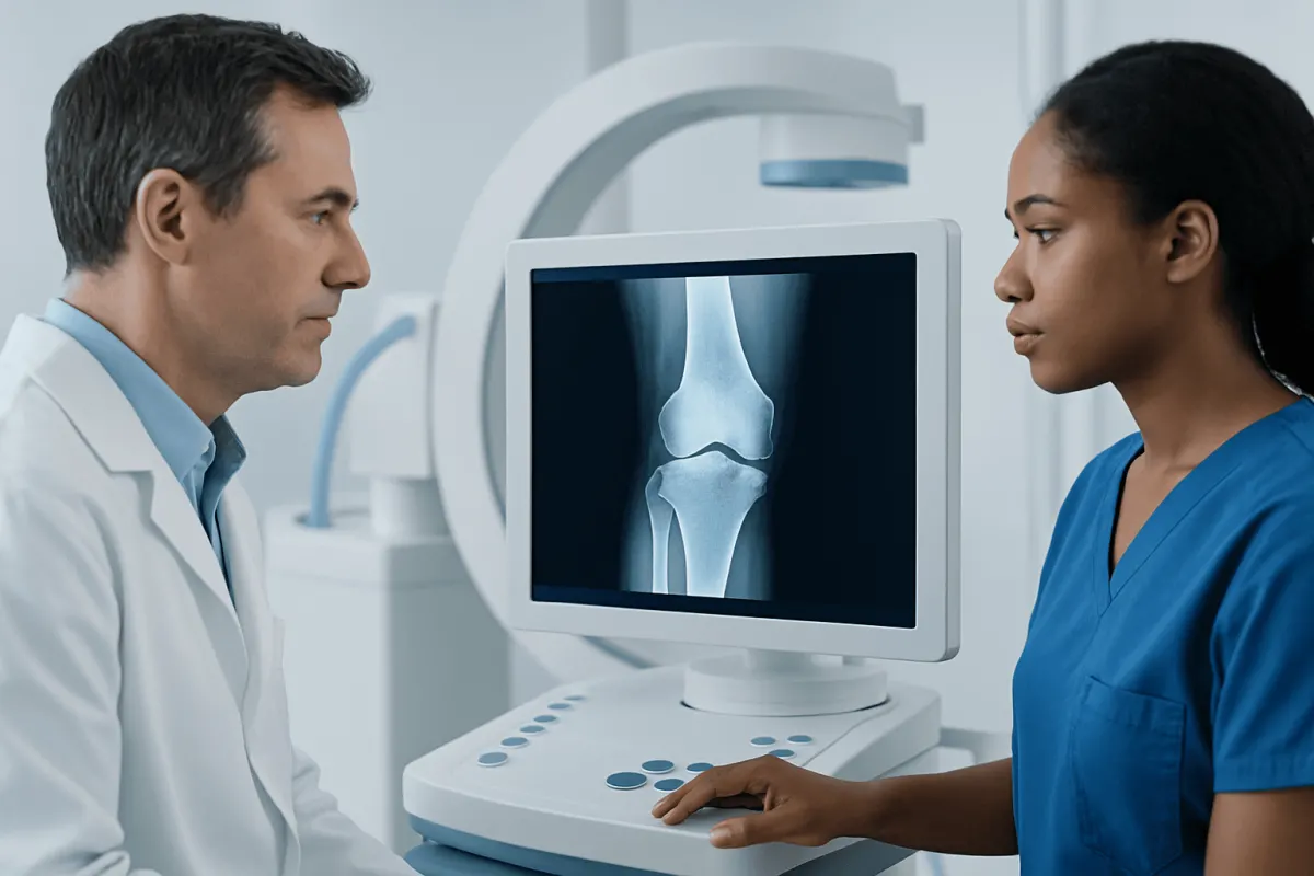 Doctor and nurse reviewing knee X-ray in a medical setting.