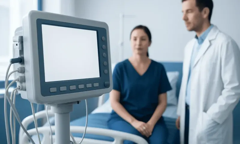 Medical monitor in hospital room with patient and doctor.