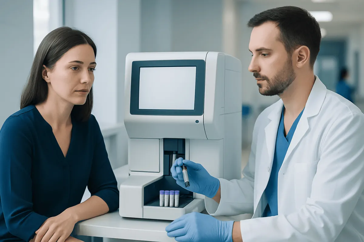Medical professional explains blood test results to a patient in a hospital lab.