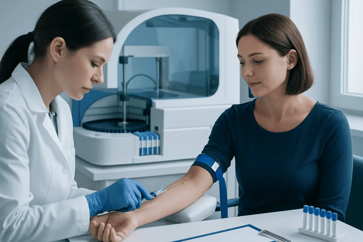 Medical professional drawing blood from a patient in a clinical setting.