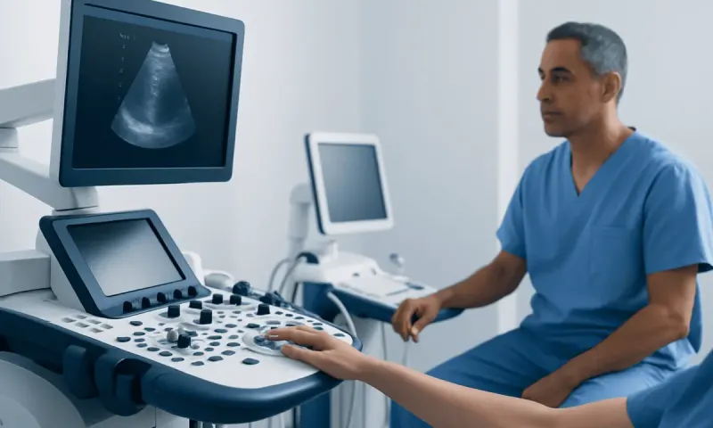 Medical professional performing an ultrasound examination in a hospital setting.