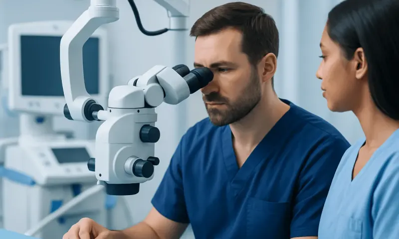 Medical professionals using a microscope in a hospital setting.