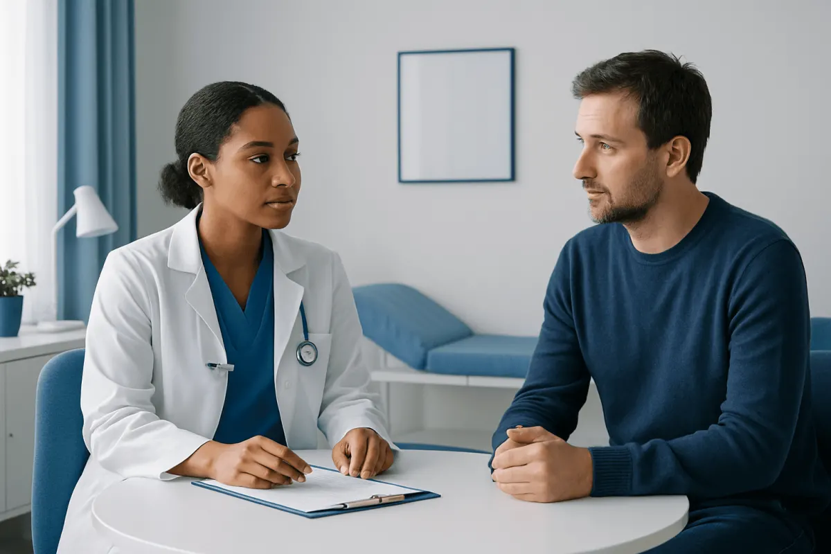 Doctor consulting with male patient in a medical office setting.
