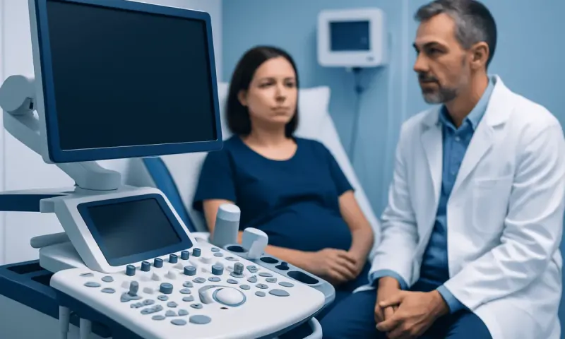 Doctor explaining ultrasound results to a patient in a hospital room.