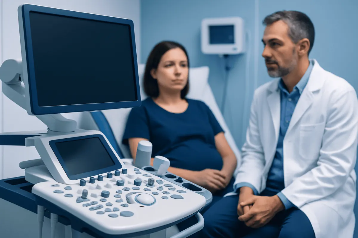Doctor explaining ultrasound results to a patient in a hospital room.