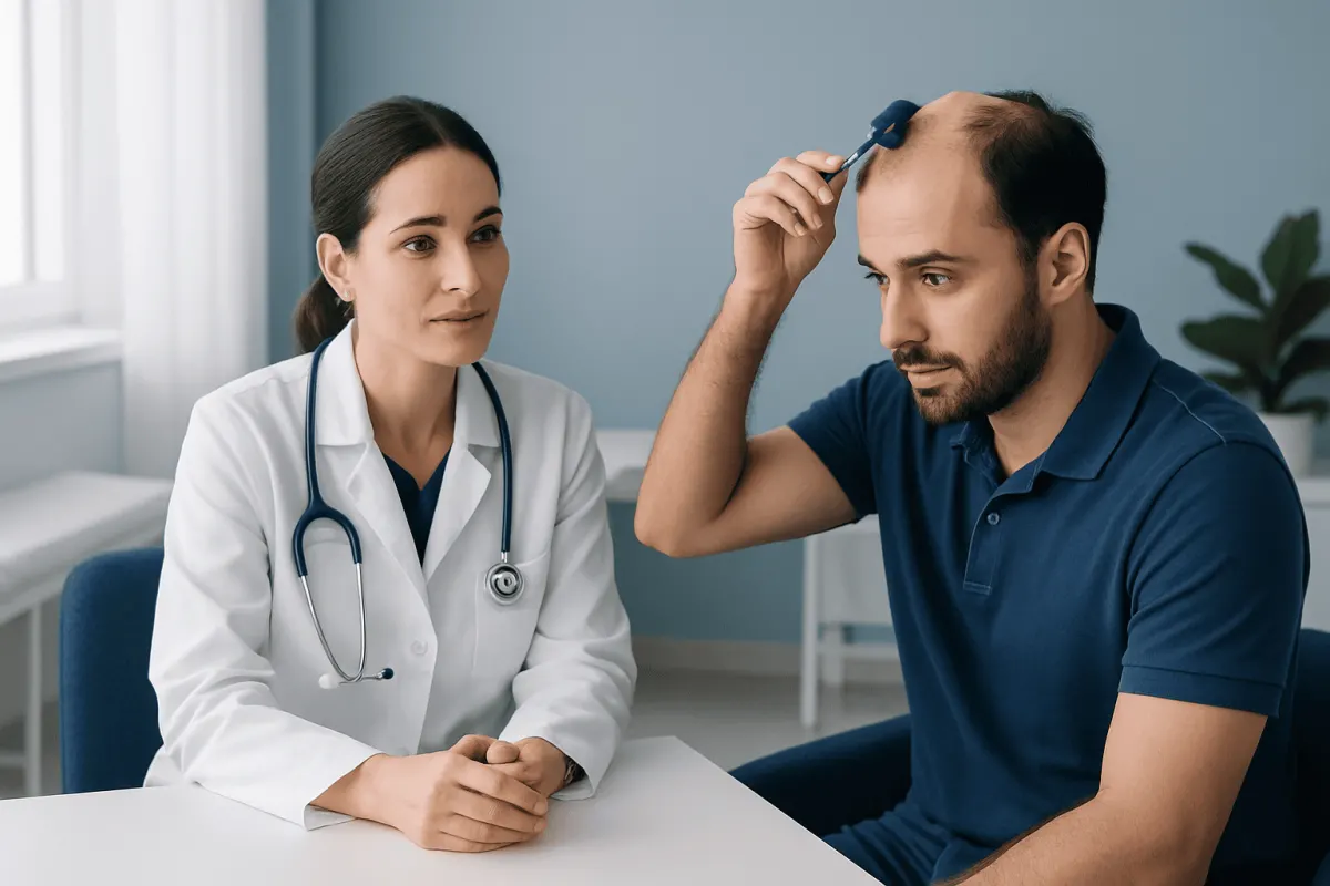 Doctor consulting with male patient about hair loss treatment options.