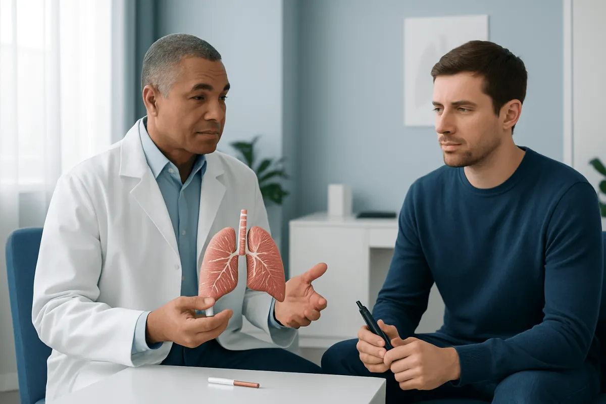 Doctor explaining lung health to a patient with a lung model in a medical office.