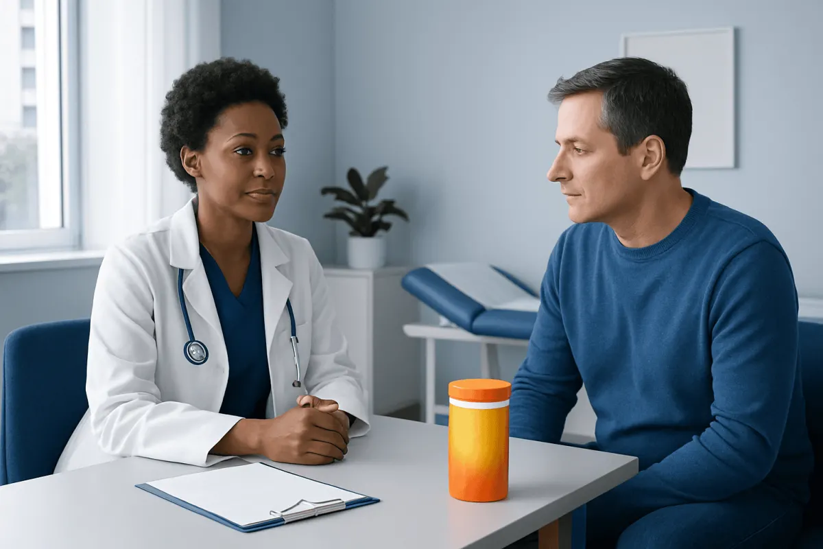 Doctor consulting with male patient in a medical office setting.