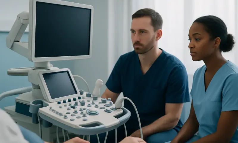 Medical professionals using ultrasound equipment in a hospital setting.