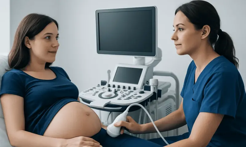 Pregnant woman undergoing ultrasound examination at a hospital.