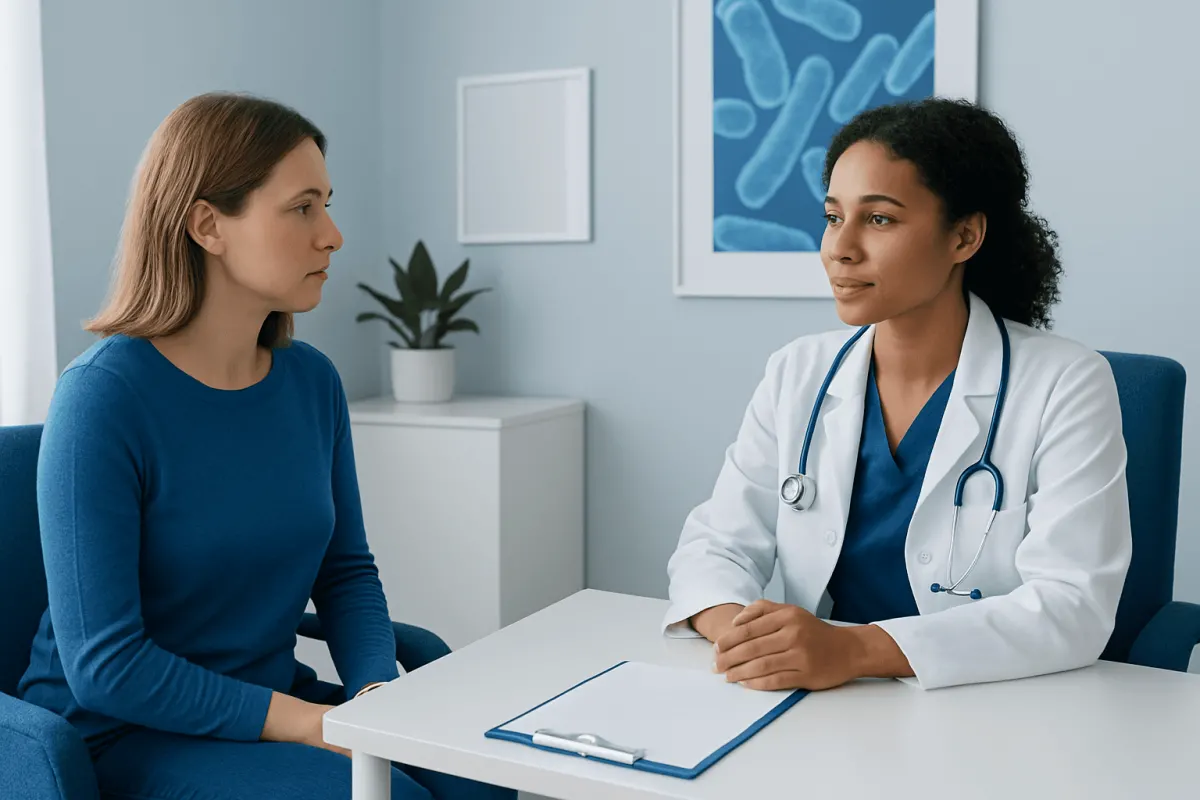 Doctor consulting with patient in a medical office setting.