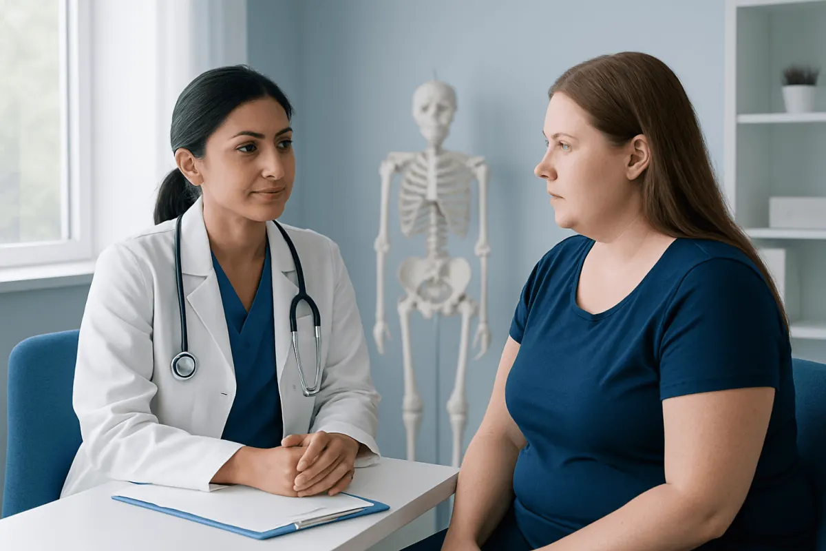 Doctor consulting a patient in a medical office with a skeleton model in the background.