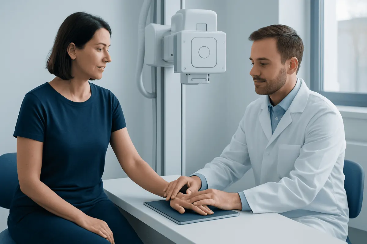 Doctor discussing wrist X-ray with patient in medical clinic.