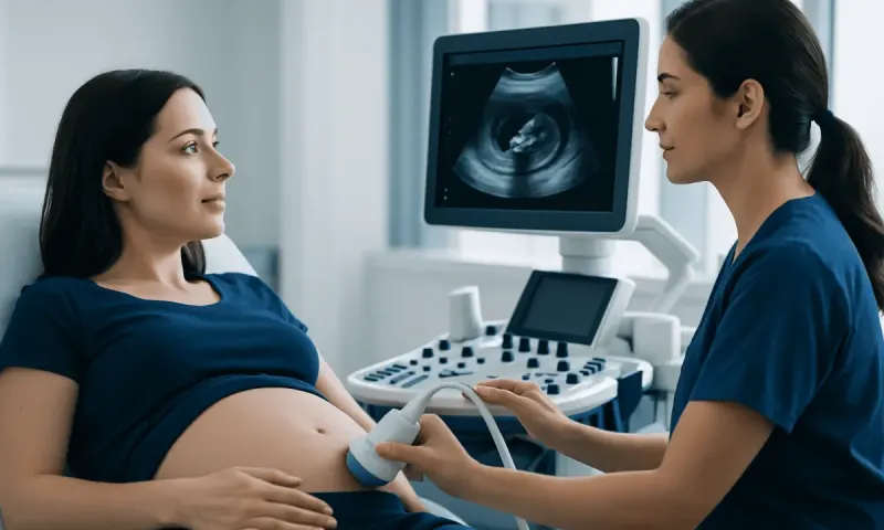 Pregnant woman having ultrasound scan at hospital.
