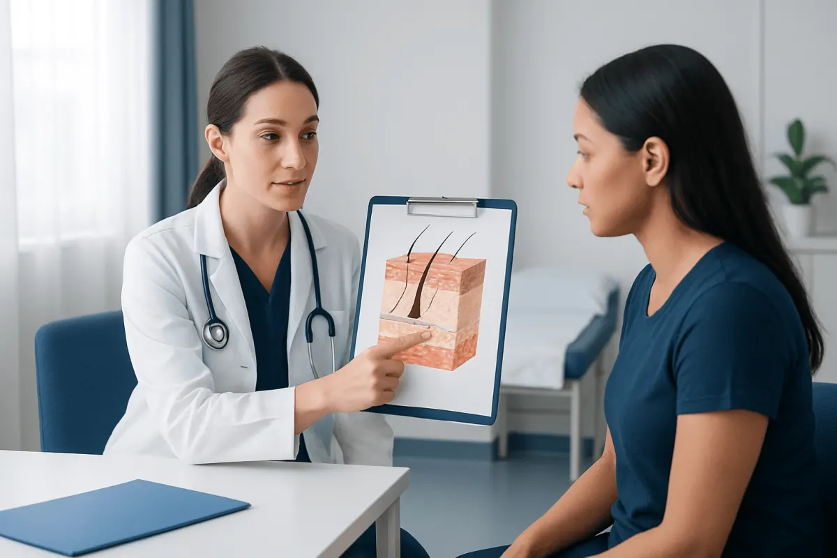 Doctor explaining skin layers to patient with skin diagram.