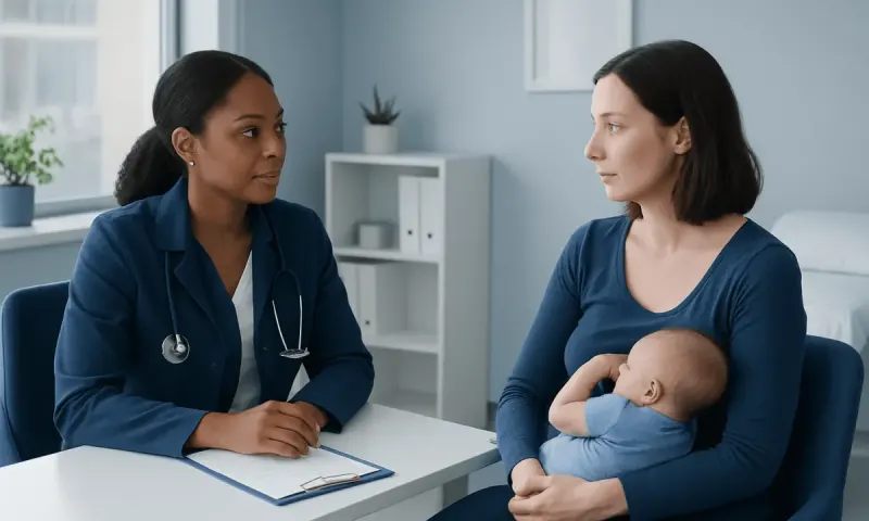 Doctor consulting new mother with baby in a bright clinic room.