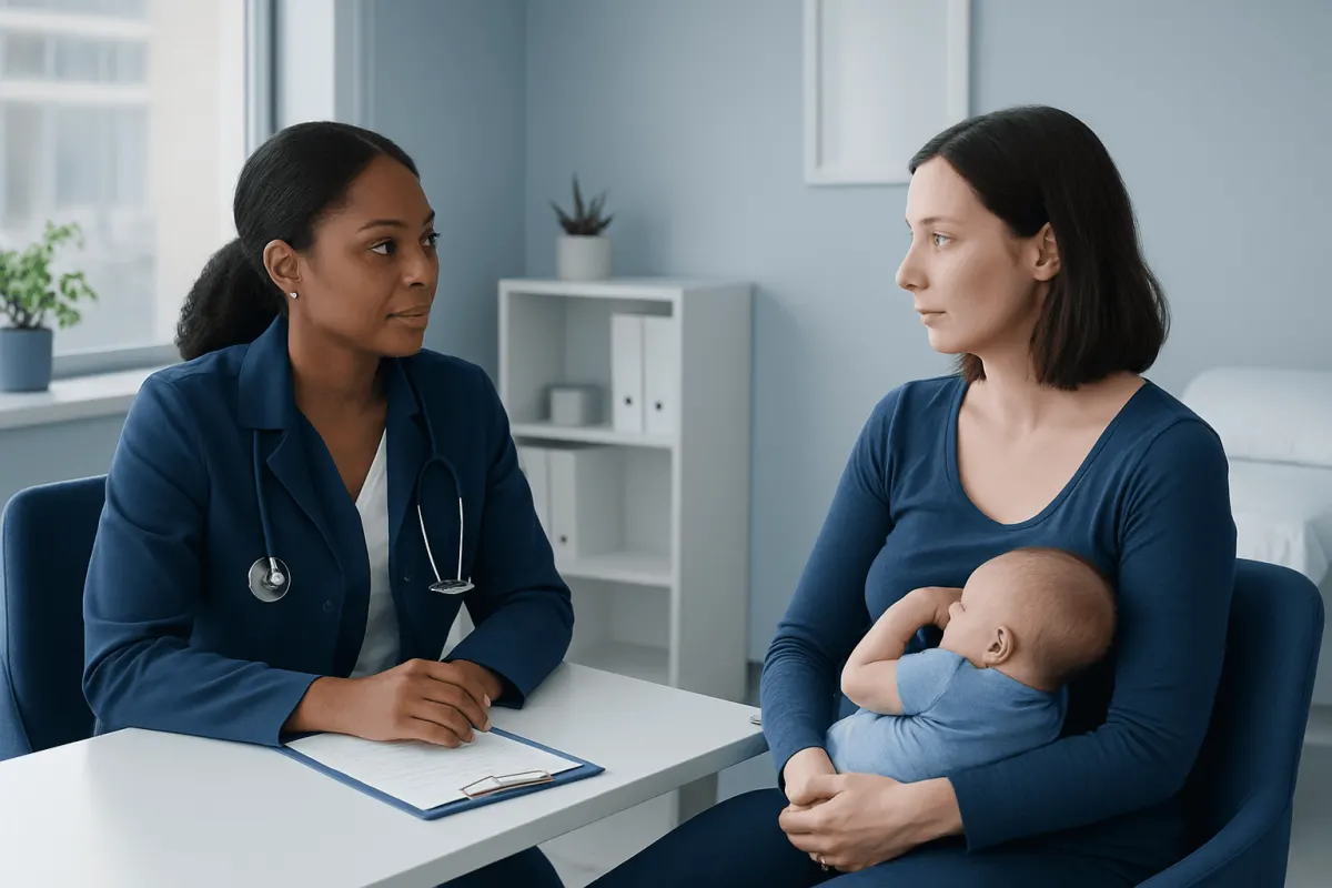 Doctor consulting new mother with baby in a bright clinic room.