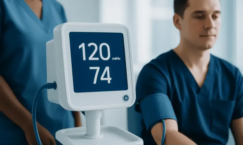 Blood pressure monitor displaying 120/74 reading in a medical setting.