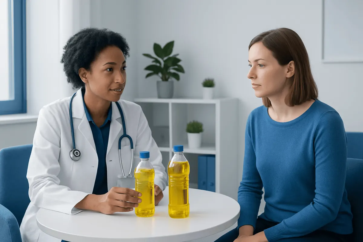 Doctor explaining canola and vegetable oil differences to patient.