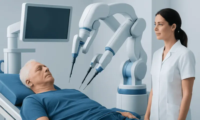 Medical robotic system performing a procedure on an elderly male patient.