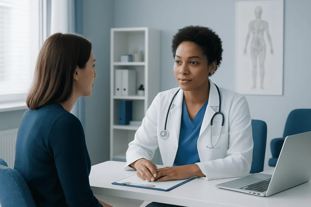 Doctor consulting with a patient in a modern medical office.