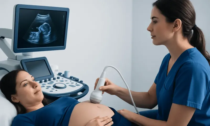Medical professional performing an ultrasound on a pregnant woman in a hospital setting.