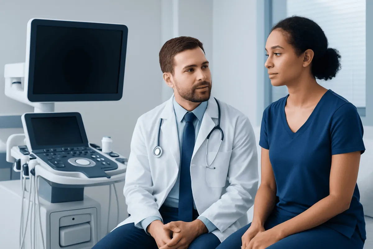 Doctor consulting with a patient in a medical examination room.