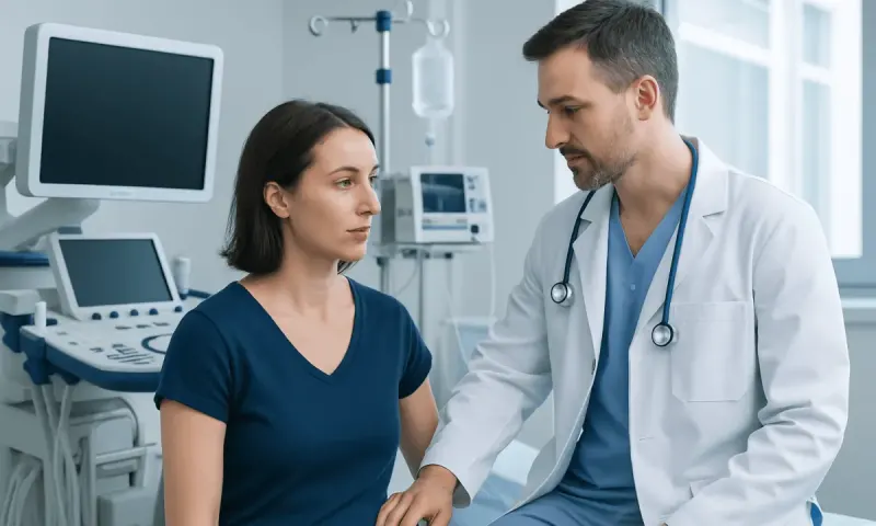 Doctor consulting with a female patient in a hospital room.