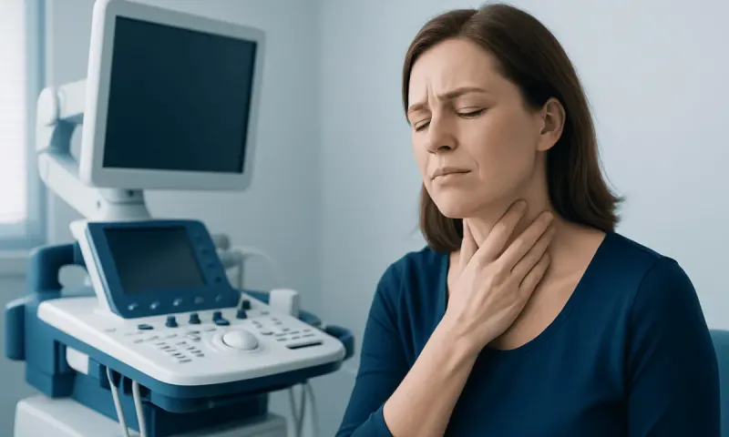 Woman experiencing throat discomfort during medical examination at hospital.