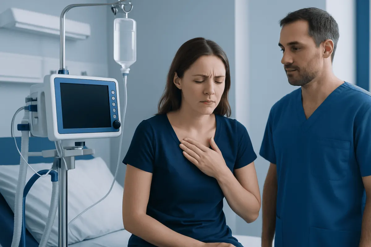 Patient experiencing chest pain in hospital bed with medical staff nearby.